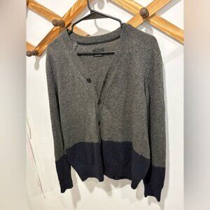 AllSaints men's grey and navy color-block merino wool open-front cardigan.